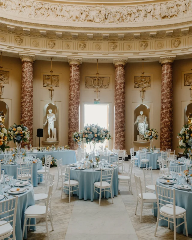 A wedding breakfast fit for Royalty in our grand Marble Hall ✨

Step into the world of Bridgerton with these timeless tablescapes, delicate florals and elegant charm. Every detail carefully thought out from powder blue linens, to hand illustrated menus with pastel macarons delicately placed on porcelain plates 🌼

Your love story deserves a setting as enchanting as this 🩵

Photography @krishumphries 
Planner @hannahroseweddings 
Venue @stowevenuehire 
Videographer @lightyearweddings 
Florals @bloomfieldsflowers 
Tableware @wrenark_ 
Stationery @oliveandmillicent 
Macarons @maison_des_macarons 
Chairs @rosetoneeventfurniture 
Caterers @portfolio_events 
Uplighting @inspiraevents 

#bridgertonwedding#bridgertonweddinginspiration#stowehousewedding#stowehouse#weddingvenuehunting#weddingdecorideas#weddingtableideas